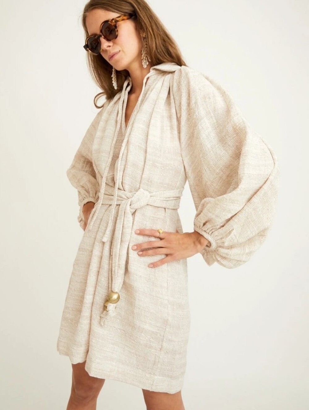 Lisa Marie Fernandez Poet Dress Mini Puff Sleeve Striped Cream Belted Sz XS NWT